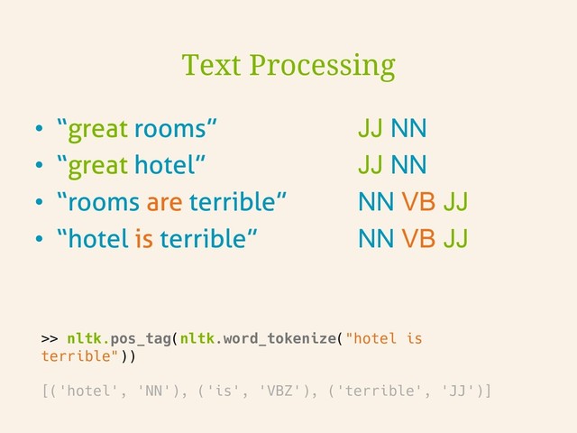 •  “great rooms”
•  “great hotel”
•  “rooms are terrible”
•  “hotel is terrible”
Text Processing
JJ NN
JJ NN
NN VB JJ
NN VB JJ

>> nltk.pos_tag(nltk.word_tokenize("hotel is
terrible"))

[('hotel', 'NN'), ('is', 'VBZ'), ('terrible', 'JJ')]
