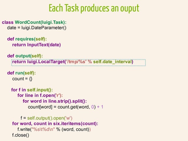 class WordCount(luigi.Task):
date = luigi.DateParameter()
def requires(self):
return InputText(date)
def output(self):
return luigi.LocalTarget(’/tmp/%s' % self.date_interval)
def run(self):
count = {}
for f in self.input():
for line in f.open('r'):
for word in line.strip().split():
count[word] = count.get(word, 0) + 1
f = self.output().open('w')
for word, count in six.iteritems(count):
f.write("%s\t%d\n" % (word, count))
f.close()
Each Task produces an ouput
