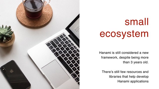41
small
ecosystem
Hanami is still considered a new
framework, despite being more
than 3 years old.
There’s still few resources and
libraries that help develop
Hanami applications
