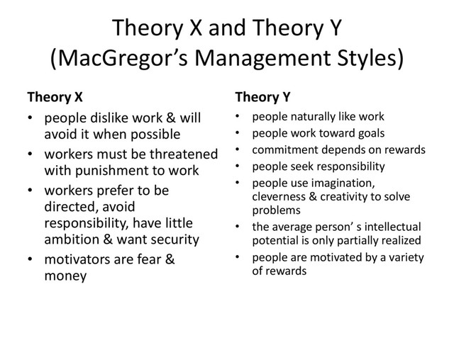 Theory X and Theory Y
(MacGregor’s Management Styles)
Theory X
• people dislike work & will
avoid it when possible
• workers must be threatened
with punishment to work
• workers prefer to be
directed, avoid
responsibility, have little
ambition & want security
• motivators are fear &
money
Theory Y
• people naturally like work
• people work toward goals
• commitment depends on rewards
• people seek responsibility
• people use imagination,
cleverness & creativity to solve
problems
• the average person’ s intellectual
potential is only partially realized
• people are motivated by a variety
of rewards
