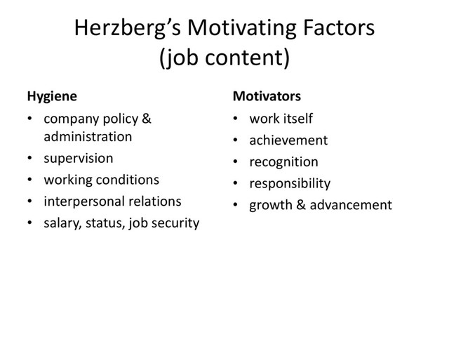 Herzberg’s Motivating Factors
(job content)
Hygiene
• company policy &
administration
• supervision
• working conditions
• interpersonal relations
• salary, status, job security
Motivators
• work itself
• achievement
• recognition
• responsibility
• growth & advancement
