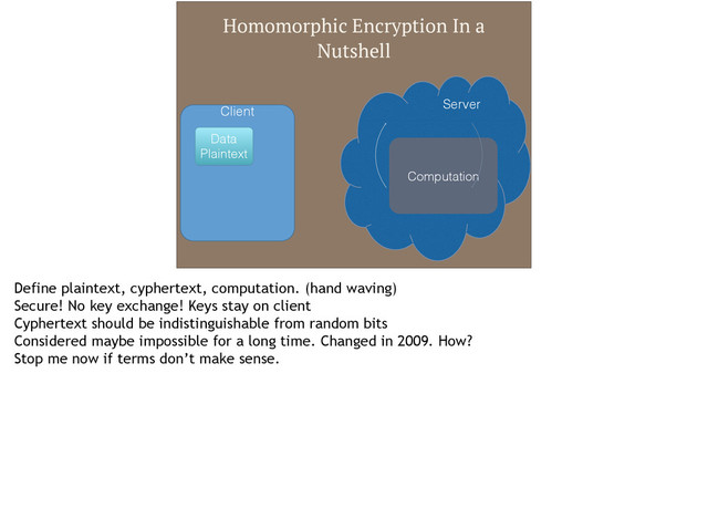 Homomorphic Encryption In a
Nutshell
Client
Server
Computation
Data
Plaintext
Define plaintext, cyphertext, computation. (hand waving)
Secure! No key exchange! Keys stay on client
Cyphertext should be indistinguishable from random bits
Considered maybe impossible for a long time. Changed in 2009. How?
Stop me now if terms don’t make sense.

