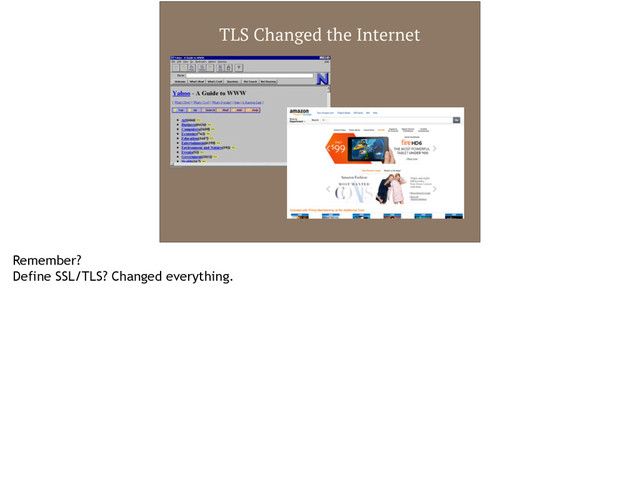 TLS Changed the Internet
Remember?
Define SSL/TLS? Changed everything.
