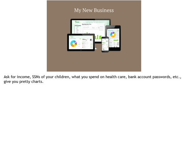 My New Business
Ask for income, SSNs of your children, what you spend on health care, bank account passwords, etc.,
give you pretty charts.
