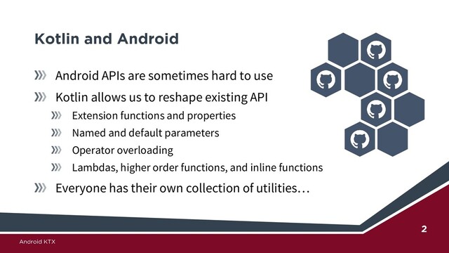 Android APIs are sometimes hard to use
Kotlin allows us to reshape existing API
Extension functions and properties
Named and default parameters
Operator overloading
Lambdas, higher order functions, and inline functions
Everyone has their own collection of utilities…

