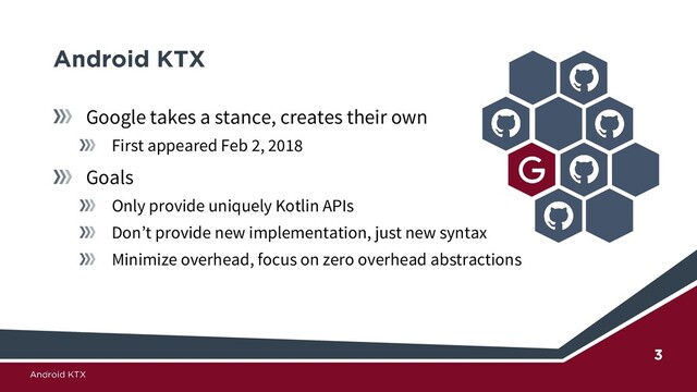 Google takes a stance, creates their own
First appeared Feb 2, 2018
Goals
Only provide uniquely Kotlin APIs
Don’t provide new implementation, just new syntax
Minimize overhead, focus on zero overhead abstractions
