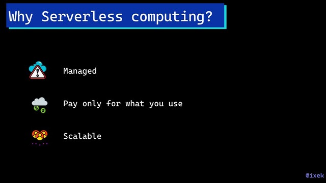 Managed
Pay only for what you use
Scalable
Why Serverless computing?
@ixek
