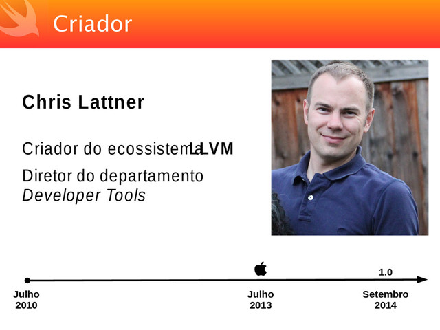 Criador
Chris Lattner
Criador do ecossistema
LLVM
Diretor do departamento
Developer Tools
Julho
2010
Julho
2013

Setembro
2014
1.0
