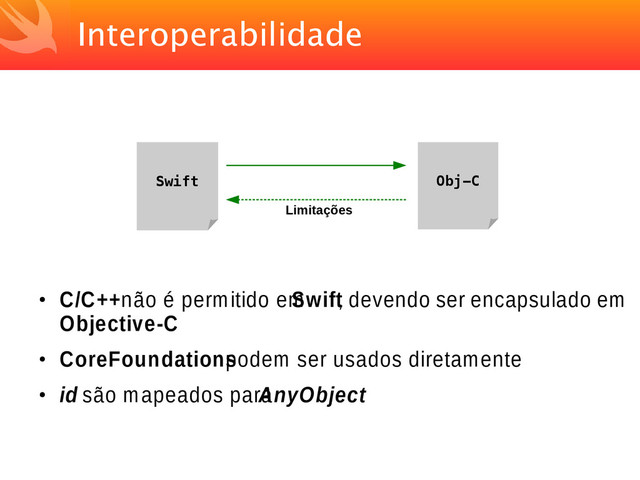 Interoperabilidade
●
C/C++ não é permitido em
Swift
, devendo ser encapsulado em
Objective-C
●
CoreFoundations
podem ser usados diretamente
●
id são mapeados para
AnyObject
Swift Obj-C
Limitações
