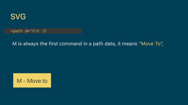 SVG
M is always the first command in a path data, it means “Move To”,
M - Move to
