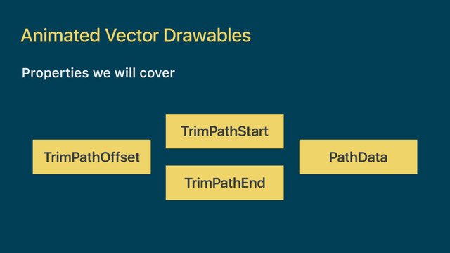 Animated Vector Drawables
Properties we will cover
TrimPathOffset PathData
TrimPathEnd
TrimPathStart
