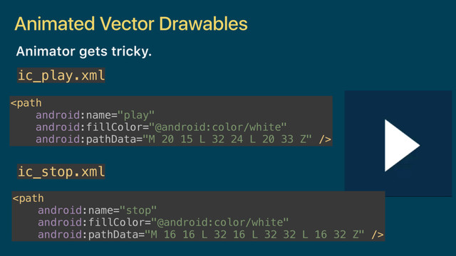 Animated Vector Drawables
Animator gets tricky.
ic_play.xml

ic_stop.xml


