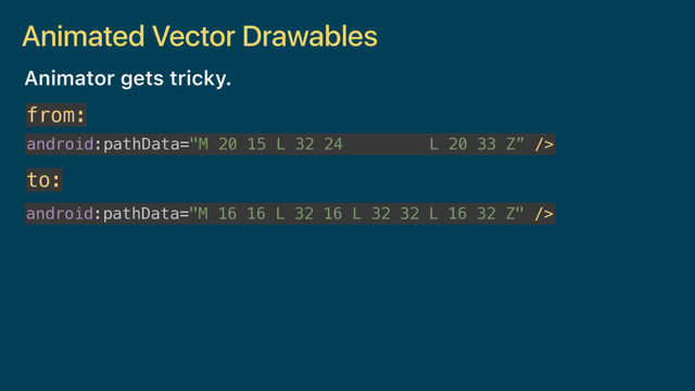Animated Vector Drawables
Animator gets tricky.
from:
android:pathData="M 20 15 L 32 24 L 20 33 Z” />
android:pathData="M 16 16 L 32 16 L 32 32 L 16 32 Z" />
to:
android:pathData="M 20 15 L 32 24 L 20 33 Z” />
L 32 24
