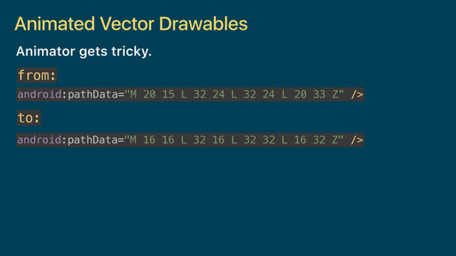 Animated Vector Drawables
Animator gets tricky.
from:
android:pathData="M 20 15 L 32 24 L 20 33 Z” />
android:pathData="M 16 16 L 32 16 L 32 32 L 16 32 Z" />
to:
L 32 24
