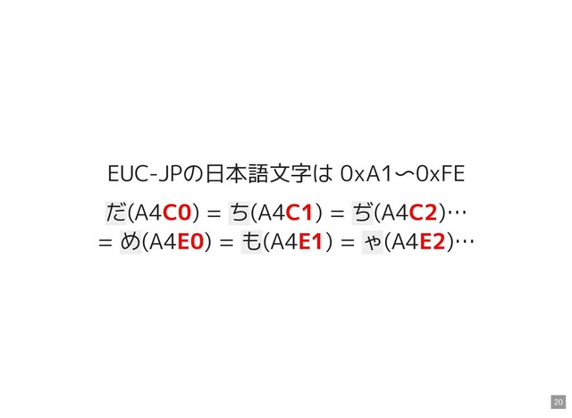 EUC-JPの日本語文字は 0xA1〜0xFE
だ(A4C0) = ち(A4C1) = ぢ(A4C2)…
= め(A4E0) = も(A4E1) = ゃ(A4E2)…
20
