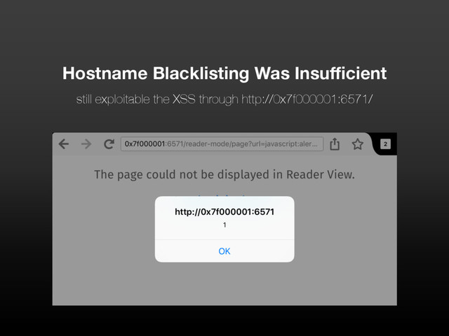 Hostname Blacklisting Was Insufficient
still exploitable the XSS through http://0x7f000001:6571/
