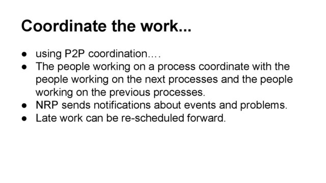 Coordinate the work...
● using P2P coordination….
● The people working on a process coordinate with the
people working on the next processes and the people
working on the previous processes.
● NRP sends notifications about events and problems.
● Late work can be re-scheduled forward.
