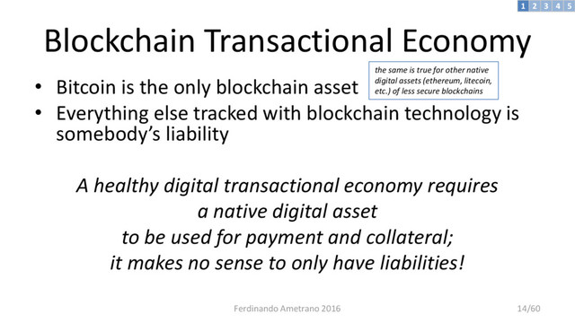 Blockchain Transactional Economy
• Bitcoin is the only blockchain asset
• Everything else tracked with blockchain technology is
somebody’s liability
A healthy digital transactional economy requires
a native digital asset
to be used for payment and collateral;
it makes no sense to only have liabilities!
3 4 5
2
1
the same is true for other native
digital assets (ethereum, litecoin,
etc.) of less secure blockchains
Ferdinando Ametrano 2016 14/60
