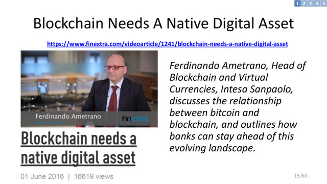 Blockchain Needs A Native Digital Asset
https://www.finextra.com/videoarticle/1241/blockchain-needs-a-native-digital-asset
Ferdinando Ametrano, Head of
Blockchain and Virtual
Currencies, Intesa Sanpaolo,
discusses the relationship
between bitcoin and
blockchain, and outlines how
banks can stay ahead of this
evolving landscape.
3 4 5
2
1
15/60
