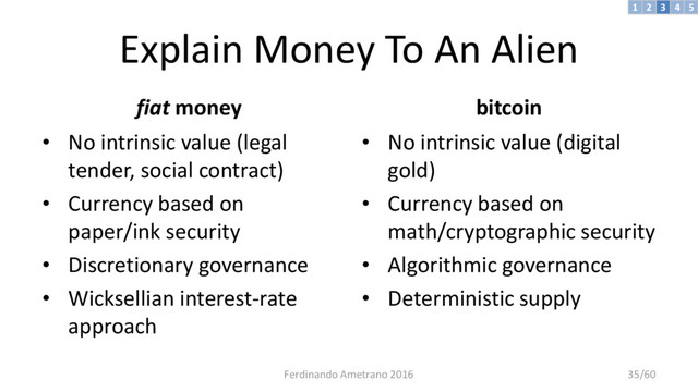 Explain Money To An Alien
fiat money
• No intrinsic value (legal
tender, social contract)
• Currency based on
paper/ink security
• Discretionary governance
• Wicksellian interest-rate
approach
bitcoin
• No intrinsic value (digital
gold)
• Currency based on
math/cryptographic security
• Algorithmic governance
• Deterministic supply
3 4 5
2
1
Ferdinando Ametrano 2016 35/60

