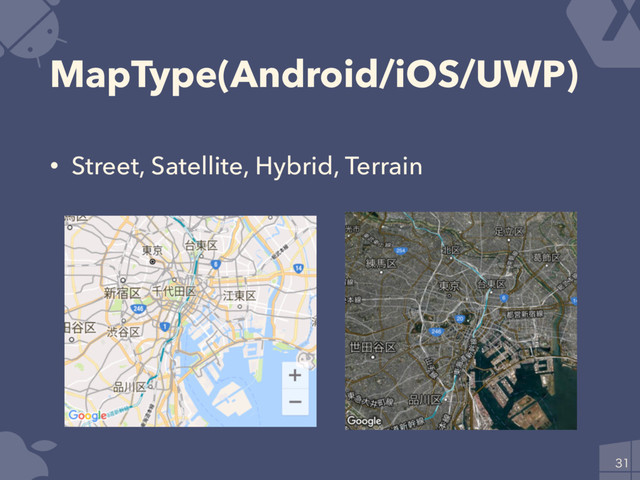 MapType(Android/iOS/UWP)
• Street, Satellite, Hybrid, Terrain

