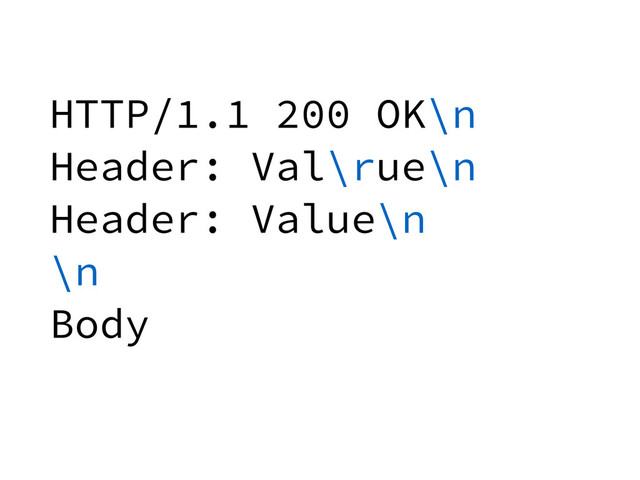 HTTP/1.1 200 OK\n
Header: Val\rue\n
Header: Value\n
\n
Body
