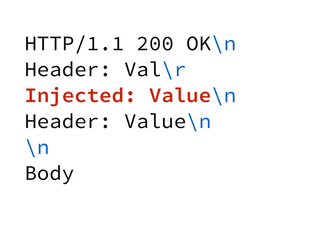 HTTP/1.1 200 OK\n
Header: Val\r
Injected: Value\n
Header: Value\n
\n
Body
