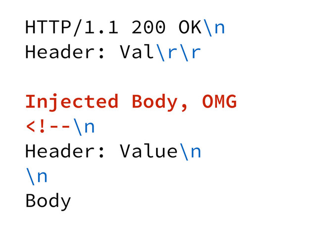 HTTP/1.1 200 OK\n
Header: Val\r\r
!
Injected Body, OMG

