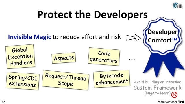 32
Invisible Magic to reduce effort and risk
Protect the Developers
...
Avoid building an intrusive
Custom Framework
(bugs to learn)
Developer
Comfort
