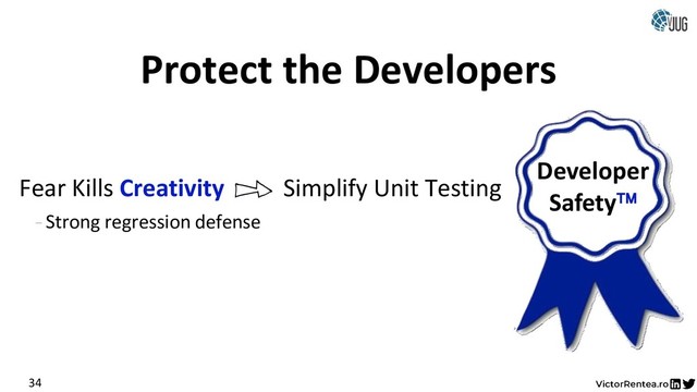 Fear Kills Creativity Simplify Unit Testing
- Strong regression defense
Protect the Developers
34
Developer
Safety
