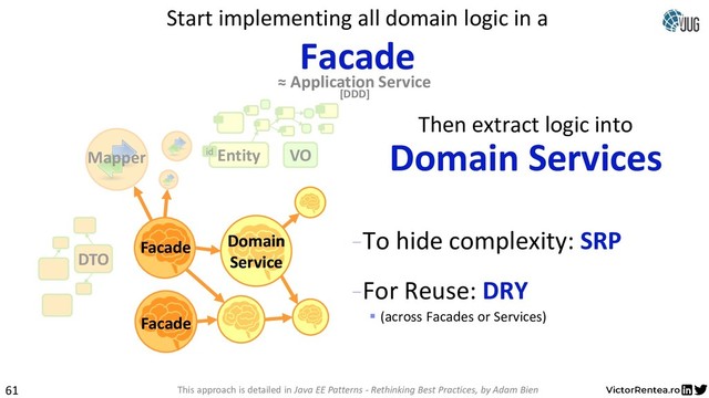 61
Start implementing all domain logic in a
Facade
Mapper VO
Entity
id
DTO
Facade
Facade Domain
Service
Domain
Service
Domain Services
This approach is detailed in Java EE Patterns - Rethinking Best Practices, by Adam Bien
Then extract logic into
-To hide complexity: SRP
-For Reuse: DRY
▪ (across Facades or Services)
≈ Application Service
[DDD]
