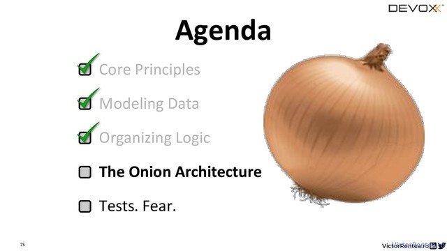 75
Core Principles
Modeling Data
Organizing Logic
The Onion Architecture
Tests. Fear.
Agenda
VictorRentea.ro
