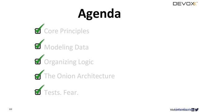122
Agenda
VictorRentea.ro
Core Principles
Modeling Data
Organizing Logic
The Onion Architecture
Tests. Fear.
