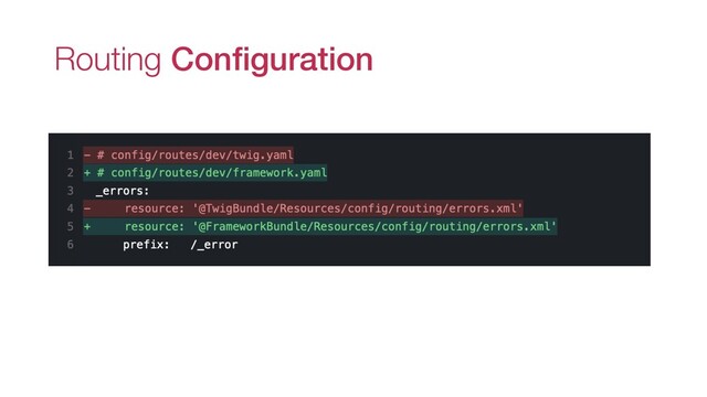 Routing Configuration
_errors:
resource: '@FrameworkBundle/Resources/config/routing/errors.xml'
prefix: /_error
