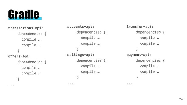 Gradle
transactions-api:
dependencies {
compile …
compile …
}
offers-api:
dependencies {
compile …
compile …
}
...
accounts-api:
dependencies {
compile …
compile …
}
settings-api:
dependencies {
compile …
compile …
}
...
transfer-api:
dependencies {
compile …
compile …
}
payment-api:
dependencies {
compile …
compile …
}
...
254
