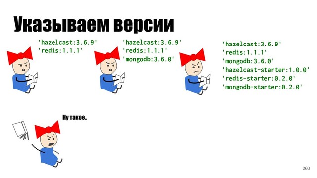 'hazelcast:3.6.9'
'redis:1.1.1'
Указываем версии
'hazelcast:3.6.9'
'redis:1.1.1'
'mongodb:3.6.0'
'hazelcast:3.6.9'
'redis:1.1.1'
'mongodb:3.6.0'
'hazelcast-starter:1.0.0'
'redis-starter:0.2.0'
'mongodb-starter:0.2.0'
Ну такое..
260

