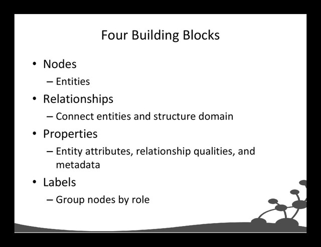 Four Building Blocks
• Nodes
– Entities
• Relationships
– Connect entities and structure domain
• Properties
– Entity attributes, relationship qualities, and
metadata
• Labels
– Group nodes by role
