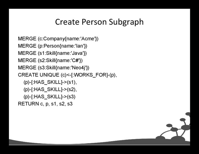Create Person Subgraph
MERGE (c:Company{name:'Acme'})
MERGE (p:Person{name:'Ian'})
MERGE (s1:Skill{name:'Java'})
MERGE (s2:Skill{name:'C#'})
MERGE (s3:Skill{name:'Neo4j'})
CREATE UNIQUE (c)<-[:WORKS_FOR]-(p),
(p)-[:HAS_SKILL]->(s1),
(p)-[:HAS_SKILL]->(s2),
(p)-[:HAS_SKILL]->(s3)
RETURN c, p, s1, s2, s3
