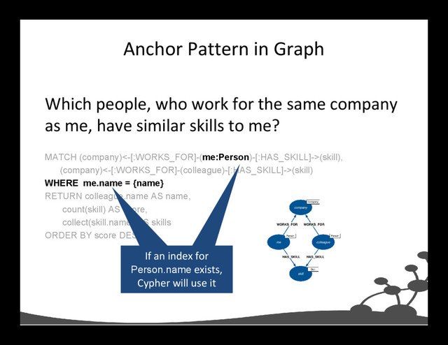 Which people, who work for the same company
as me, have similar skills to me?
MATCH (company)<-[:WORKS_FOR]-(me:Person)-[:HAS_SKILL]->(skill),
(company)<-[:WORKS_FOR]-(colleague)-[:HAS_SKILL]->(skill)
WHERE me.name = {name}
RETURN colleague.name AS name,
count(skill) AS score,
collect(skill.name) AS skills
ORDER BY score DESC
Anchor Pattern in Graph
If an index for
Person.name exists,
Cypher will use it
