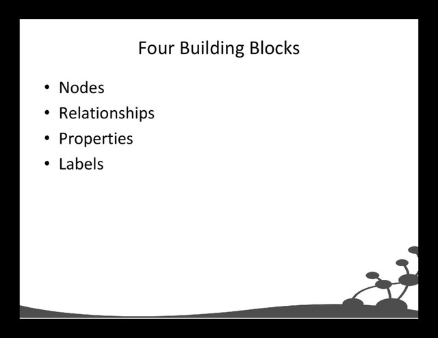 Four Building Blocks
• Nodes
• Relationships
• Properties
• Labels
