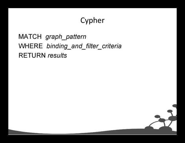 Cypher
MATCH graph_pattern
WHERE binding_and_filter_criteria
RETURN results
