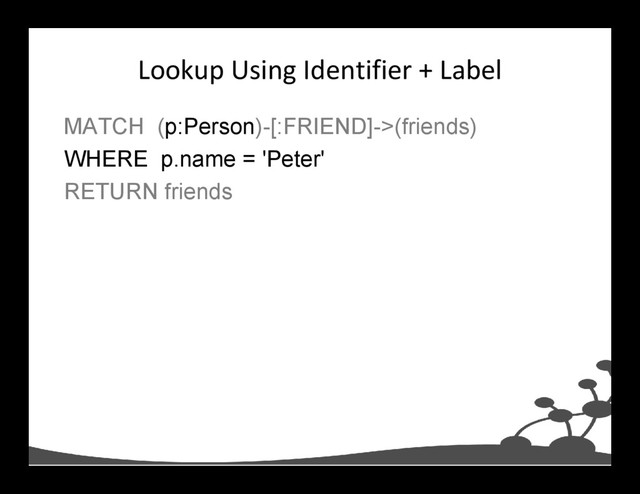 Lookup Using Identifier + Label
MATCH (p:Person)-[:FRIEND]->(friends)
WHERE p.name = 'Peter'
RETURN friends

