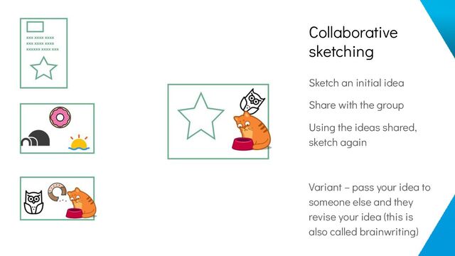 Collaborative
sketching
Sketch an initial idea
Share with the group
Using the ideas shared,
sketch again
Variant – pass your idea to
someone else and they
revise your idea (this is
also called brainwriting)
