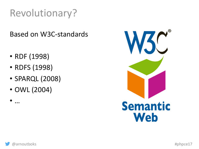 @arnoutboks #phpce17
Revolutionary?
Based on W3C-standards
• RDF (1998)
• RDFS (1998)
• SPARQL (2008)
• OWL (2004)
• …

