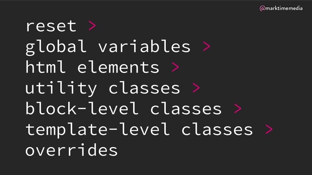 @marktimemedia
reset >
global variables >
html elements >
utility classes >
block-level classes >
template-level classes >
overrides
