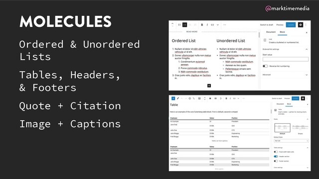 @marktimemedia
MOLECULES
Ordered & Unordered
Lists
Tables, Headers,
& Footers
Quote + Citation
Image + Captions

