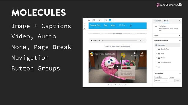 @marktimemedia
MOLECULES
Image + Captions
Video, Audio
More, Page Break
Navigation
Button Groups
