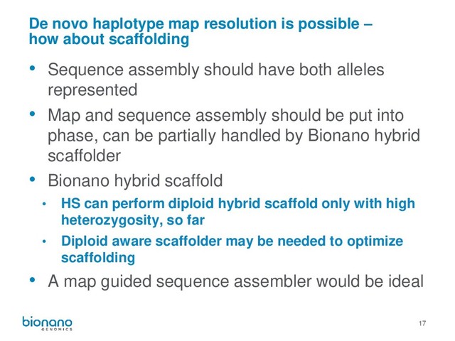 17
De novo haplotype map resolution is possible –
how about scaffolding
• Sequence assembly should have both alleles
represented
• Map and sequence assembly should be put into
phase, can be partially handled by Bionano hybrid
scaffolder
• Bionano hybrid scaffold
• HS can perform diploid hybrid scaffold only with high
heterozygosity, so far
• Diploid aware scaffolder may be needed to optimize
scaffolding
• A map guided sequence assembler would be ideal
