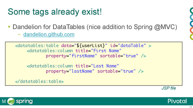 24
Some tags already exist!
  Dandelion for DataTables (nice addition to Spring @MVC)
–  dandelion.github.com




JSP file
M
