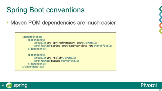 28
Spring Boot conventions
  Maven POM dependencies are much easier
P
